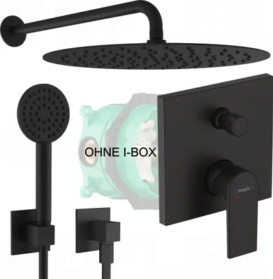 A collection of black bathroom fixtures, including a showerhead, hand shower, and control valve, arranged on a white background.
