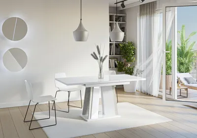 Produktbild von Esstisch DOHA, Stilvoll Ausziehbar Esszimmertisch, Design Tisch, Esszimmer (Weiss Hochglanz + Beton)