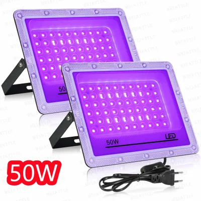 Produktbild von UV Schwarzlicht LED Flutlichtstrahler - 50W 2er Set außen - 395 nm ultraviolett - LED Floodlight Spotlight - Mit EU Stecker 220V - Für Bar Club Party Halloween