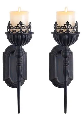 Productafbeelding van Set van 2 Zwarte Wandlampen Kandelaar - Metalen Wandhouder voor Thuisdecoratie
