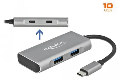 Produktbild von DeLOCK Externer USB 10 Gbps USB Type-C Hub mit 2 x USB Typ-A und 2 x USB Type-C, USB 3.2 Gen 2 (3.1 Gen 2) Type-C, USB 3.2 Gen 2 (3.1 Gen 2) Type-A, USB 3.2 Gen 2 (3.1 Gen 2) Type-C, 10000 Mbit/s, Grau, Aluminium, 0,12 m