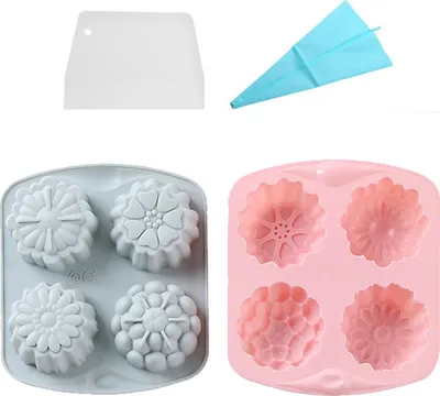 Produktbild von 2 Stück Schokoladen-Gummy-Formen Mit 4 Mulden, Blumenform, Antihaft-Silikon-Backformen Für Die Herstellung Von Eiswürfeln, Gelee, Schokolade, Seife, Zum Formen, Mit Spritzbeutel Und Schaber