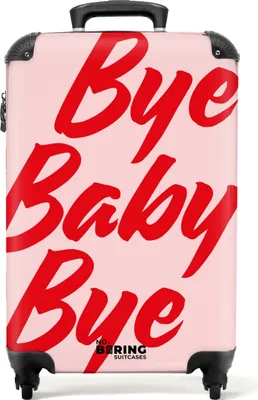 Produktbild von NoBoringSuitcases.com® Koffer Handgepäck Trolley Rollkoffer Kleine Reisekoffer mit 4 Rollen - Rosa mit rotem Zitat 'bye baby bye' - Cabin Size < 55x40x23 cm & 55x40x20 cm - Fotokoffer - Kabinenkoffer - BoardgepäckHandgepäck Koffer 55x35x20 cm, 36L,