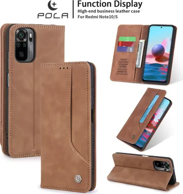 Collage of product images showing a brown leather phone case for a Redmi Note 10/S.