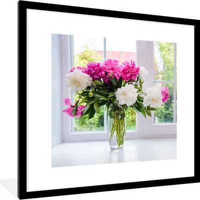 Produktbild von MuchoWow® Gerahmtes Poster Blumen - Pfingstrosen - Vase 40x40 cm - Poster mit Schwarzem Bilderrahmen Wandposter Rahmen Foto Bilder - Poster - Plakat im Rahmen