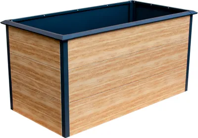 A rectangular planter box with a wood-grain exterior and a dark blue interior, set against a white background.