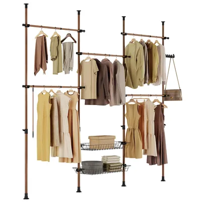 A freestanding, adjustable clothing rack with multiple shelves and hanging rods, displaying various garments and accessories.