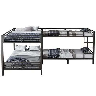 Produktbild von Etagenbett mit 4 Liegeflächen, 90x200cm/140x200cm, Metallbett, Kinderbett mit Rausfallschutz, Leiter und Lattenrost