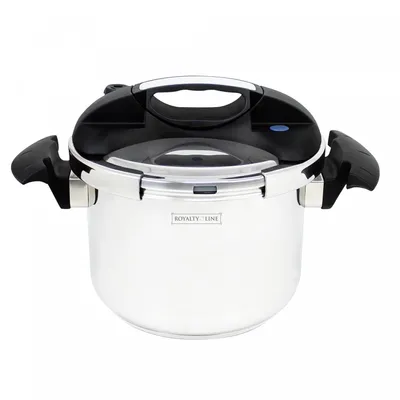A stainless steel pressure cooker with black handles and lid, shown from the front on a white background.