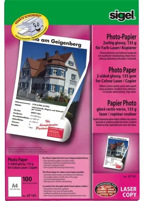 Produktbild von SIGEL LP141 Fotopapier für Farb-Laser/-Kopierer, 2-seitig hochglänzend, 135 g/m², A4, 100 Blatt