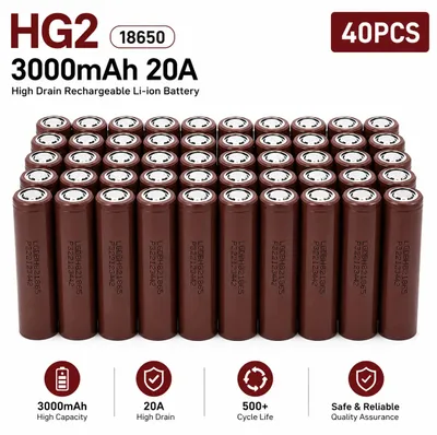 Obrázek produktu pro Li-Ion baterie 18650 – Dobíjecí článek – 3,7V, 3000mAh – Vysoký proud 20A – Plochý pól – Balení 40 kusů