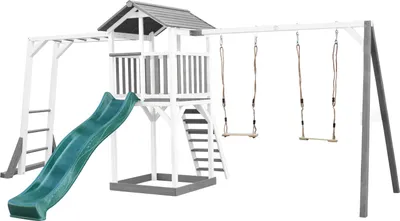 Produktbild von AXI Beach Tower Spielturm aus Holz in Weiß & Grau | Spielhaus für Kinder mit grüner Rutsche, Klettergerüst, Doppelschaukel und Sandkasten | Stelzenhaus für den Garten