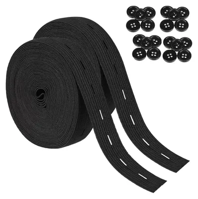 Produktbild von 2 Rollen 5M Elastisch Gummiband Nähen,Flaches Nähband Gummiband mit Knopfloch,mit 20 Knöpfe Elastisches Gummiband Nähen für Hosenrock Stirnband (Schwarz)