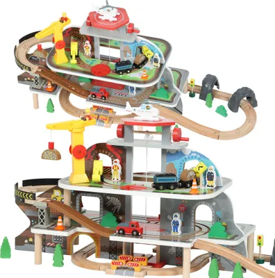 Produktbild von Eisenbahnset aus Holz, 79 Teile, 4 Ebenen, Aufzug, Kran, erweiterbar, Bunt