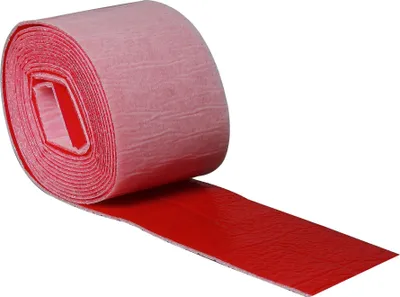 A roll of pink and red tape is shown against a white background.