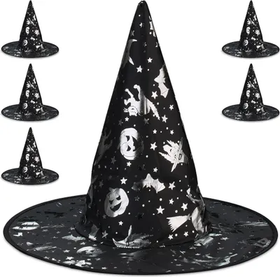 Obrázek produktu pro Relaxdays Čarodějnický klobouk, sada 6 ks, lesklé motivy, kostýmový klobouk na Halloween a karneval, doplněk k čarodějnickému kostýmu, černá/stříbrná