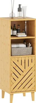 Image de HOMCOM Meuble de salle de bain, meuble de rangement, armoire salle de bain avec 1 placard, 2 compartiment ouvert, porte et pieds en bambou, 32 x 30 x 90 cm, effet bois naturel