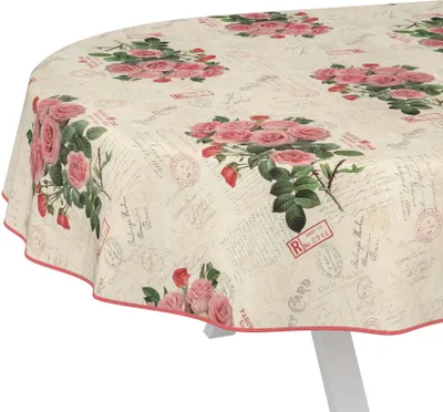 Produktbild von Tischdecke Shabby Chic Postkarte Rosen Beige Oval 200x140cm mit Band-Kante Wachstuch abwaschbar