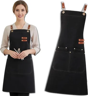 Image de EDIBAZZAR | Tablier de cuisine noir pour femmes et hommes, imperméable, protecteur, avec poches