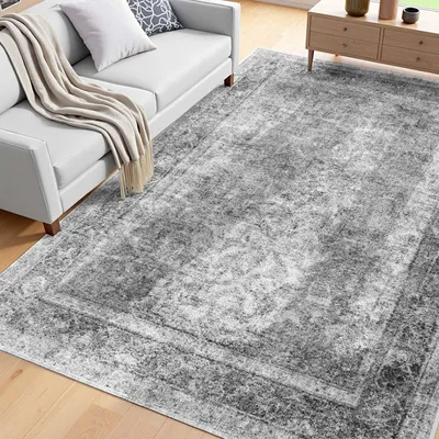 Produktbild von Boho Teppich - Kurzflor - 183 x 274 cm - Waschbar - Rutschfest - Für Wohnzimmer, Schlafzimmer, Kinderzimmer, Flur - Grau