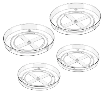 Produktbild von 4 Stück Kühlschrank Drehteller, 2 Größe Transparente Drehplatte Organizer für Küche, 23,3 x 3,5cm und 27 x 4,5cm Drehtablett für Gewürz Speisekammer