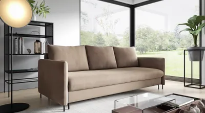Zdjęcie produktu dla GUTTO Sofa rozkładana beżowa z funkcją spania, sofa welurowa karmelowa khaki z pojemnikiem i miejscem do przechowywania