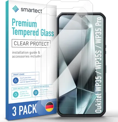 A product shot of a 3-pack of screen protectors for a smartphone, with the packaging and a phone displaying the screen protector.