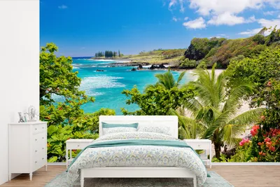 Produktbild von MuchoWow® Fototapete für Wohnzimmer oder Schlafzimmer Wandtapete Vinyl Motivtapete Tropische Palmen für die Aussicht auf Maui - 330x220 cm - Fototapeten