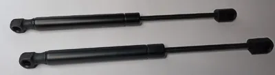 Two black gas struts are laid out on a light gray background.