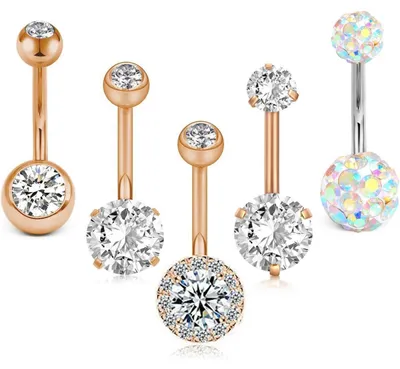 Image de Ensemble de piercings pour nombril, modèle barbell, 5 pièces, calibre 14G, en acier chirurgical, argenté et rosé, longueur 10 mm