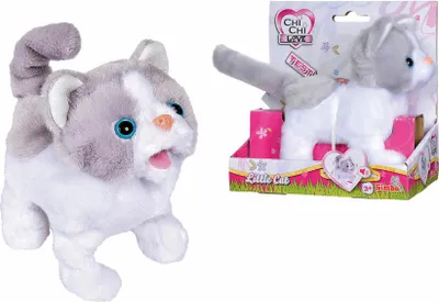 A collage of a plush toy cat, one image showing the toy on its own and the other showing it in its packaging.