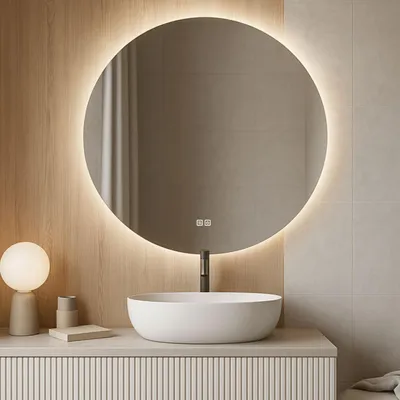 Produktbild von LED Badspiegel Rund 60 cm – Anti-Beschlag, 3 Lichtfarben (CCT), stufenlos dimmbar, Touch Sensor, IP44, rahmenlos moderner Badezimmerspiegel