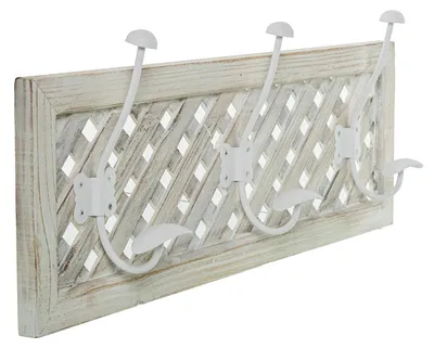 Productafbeelding van DRW Wandgarderobe van hout met 3 metalen haken, wit en zwart, 60 x 10 x 24 cm