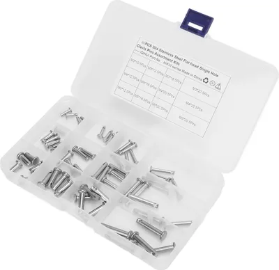 Image de 12 tailles de goupilles à chape en acier inoxydable, tête plate à trou unique, forme en T, kit d'assortiment de goupilles rondes pour voitures 60pcs