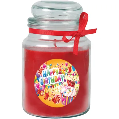Immagine prodotto di Candela profumata in barattolo "Rose – Happy Birthday Cupcake", barattolo grande con coperchio, durata di combustione circa 110 ore, decorazione regalo