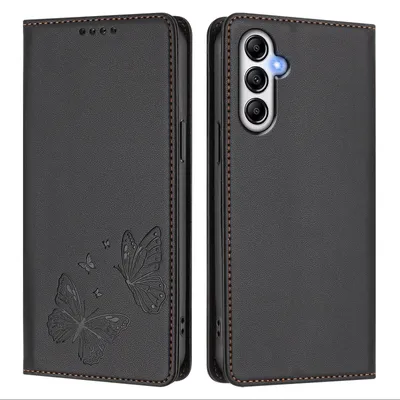 Image de Étui en cuir pour Samsung Galaxy A14 5G/4G, étui de protection type portefeuille en cuir gaufré « papillon » avec support, noir