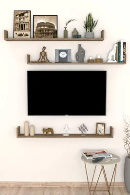 Image de Étagère murale dorée, 3 éléments, suspendue, en MDF, 120 x 15 x 12 cm, Pijnboom