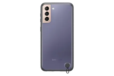 A Samsung Galaxy S21 Plus phone case with a transparent back and black trim, shown from the back.
