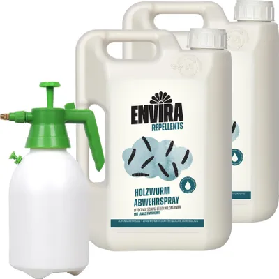 Produktbild von Envira Holzwurm Abwehrspray 2 x 2L + 2L Drucksprüher - Spray mit Langzeitwirkung gegen Holzbock & Holzwurm