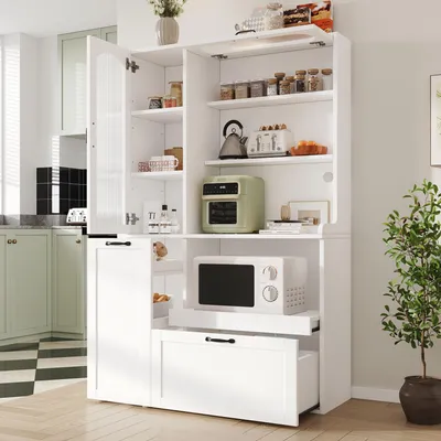 Image de Buffet haut Flieks avec étagères réglables, armoire de cuisine avec étagères coulissantes et verre strié, buffet 98 x 40 x 177 cm, blanc