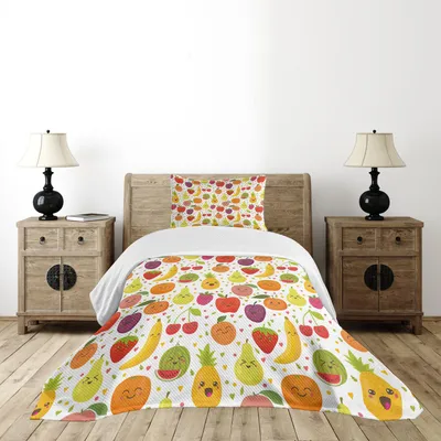 Produktbild von ABAKUHAUS Früchte Tagesdecke Set, Lächelnde Bananen-lustige Maulbeere-glückliche Aprikosen-Pfirsich-Herz-Zitronen scherzt Kindertagesstätte-Thema, 170 x 220 cm, Mehrfarbig