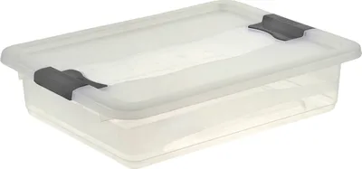 A clear, well-lit studio shot of a transparent storage box with gray latches on a white background.