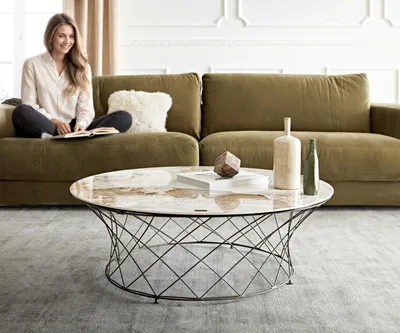 Produktbild von DELIFE Couchtisch Lassina 100x100 cm Keramik Minas Melange Weiß-Beige Gestell Metall Effektfinish Titan