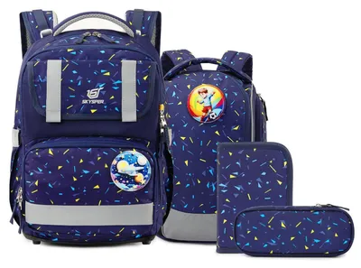 Productafbeelding van Schoolrugzakset, 5-delig. Ergonomisch draagsysteem, blauw. Hoogte verstelbaar, 100-150 cm