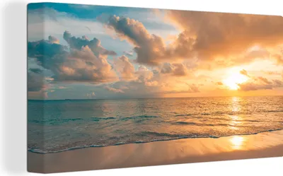 Produktbild von OneMillionCanvasses® - Leinwandbilder - Bild auf Leinwand Wandbild Leinwandbild Strand - Sommer - Sonnenuntergang - Wolken - Meer, 80x40 cm, Kunstdruck Wandkunst Gemälde auf Holzrahmen - Bilder auf Leinwand