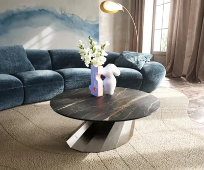 Produktbild von DELIFE Couchtisch Edge Rund 90x90 cm Keramik Laminam® Noir Desir Braun Parabi Edelstahl gebürstet