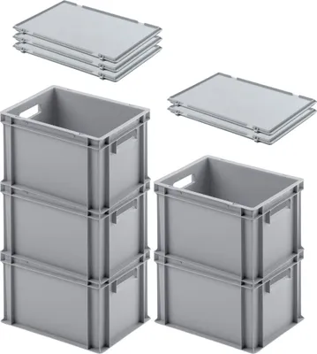 Produktbild von SuperSparSet 5x Eurobehälter mit offenem Griff und Scharnierdeckel | HxBxT 23,5x30x40cm | 22 Liter | Grau | Eurobox, Transportbox, Transportbehälter, Stapelbehälter