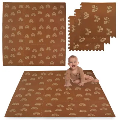 A collage showing a baby playing on a foam floor mat with a rainbow pattern, as well as unassembled pieces of the mat.