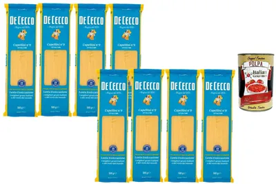 Produktbild von Italian Gourmet De Cecco Capellini Nr. 9 – Italienische Pasta aus Hartweizengrieß, extra feine Nudeln, ca. 2 Min Kochzeit, langsam getrocknet, ideal für leichte Saucen 8x 500 g + Italian Gourmet polpa