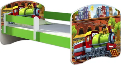 Produktbild von ACMA Jugendbett Kinderbett Junior-Bett Komplett-Set mit Matratze Lattenrost und Rausfallschutz Grün 44 Lokomotive 160x80